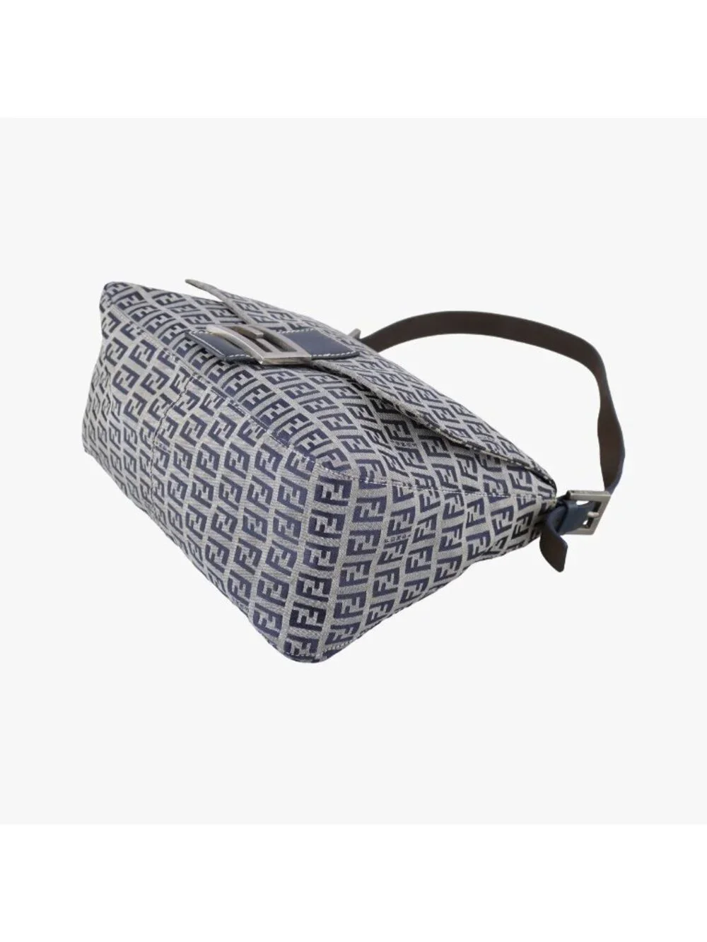Fendi Mamma Bucket Zucchino Pattern Navy Gray Canvas Leather Shoulder